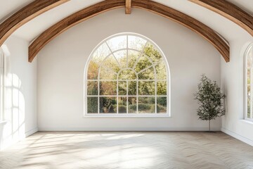 Poster - In an empty living room with a beige arch window