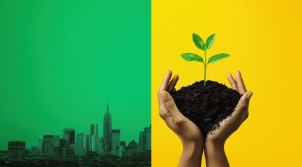 An eco-friendly poster with two contrasting color backgrounds, one green and the other yellow