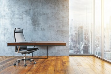 Poster - An office with wood furniture, minimalist design, large windows with a view of the city, bright space, and a concept of workspace. 3D rendering.