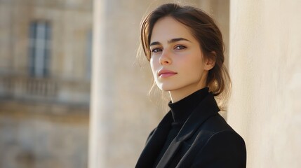 Sticker - A young woman stands in front of a building, leaning against a wall. She is wearing a black turtleneck and blazer, and has her hair pulled back. Her eyes are looking at the camera.