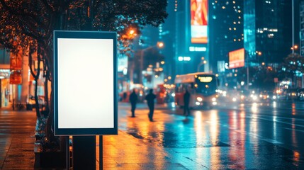 Poster - A mock-up of an illuminated blank billboard on a busy city street, with the concept of urban advertising. Stock image.