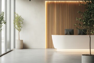 Poster - Office interior with white reception desk, coworking space, and window