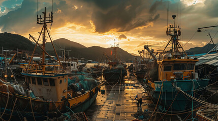 A bustling commercial fishing port at dawn, with large fishing boats docked, nets and gear being prepared, and workers unloading a fresh catch