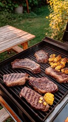 Wall Mural - Closeup of grilled steaks and corn on the cob on a black grill.