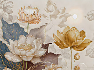 3d wallpaper lotus flowers on a beige background. illustration of a blooming beige lotus flowers wit