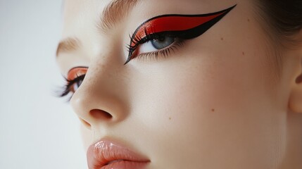 Poster - A model displays vibrant makeup featuring sharp black eyeliner and red eyeshadow, enhancing her striking features.