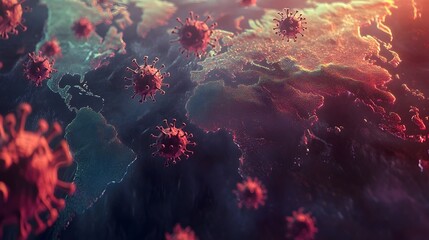 Poster - Digital depicting the global spread and impact of the flu virus showcasing the virus spreading across a world map with ample negative space for additional text or copy