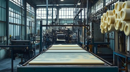 Poster - a factory setting showcasing the industrial process of transforming raw latex into durable rubber sh