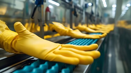 Poster - automated rubber glove manufacturing on factory assembly line rows of rubber gloves being formed cur