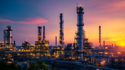 Poster - towering petrochemical refinery silhouetted at sunrise a large industrial plant with distillation co
