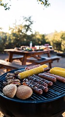 Wall Mural - Close-up of a grill with hot dogs, corn on the cob, and buns cooking on a grill.