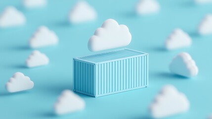Poster - 3D illustration of a blue shipping container surrounded by white clouds on a light blue background, representing cloud storage.