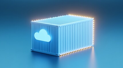 Poster - 3D illustration of a blue shipping container with a cloud icon, symbolizing cloud computing and data storage, illuminated by LED lights.