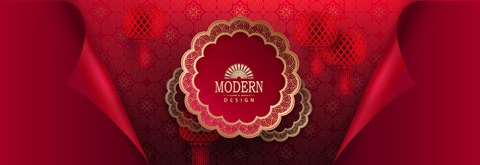 Canvas Print - Happy Chinese New Year, red card with a round frame with lanterns.
