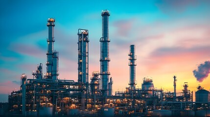 Poster - captivating landscape of a towering petrochemical refinery bathed in the warm glow of a stunning sun