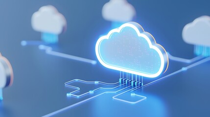 3D illustration of a cloud computing concept with glowing blue cloud icons, highlighting data storage technology integration.