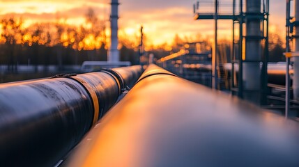 Wall Mural - Three men in safety gear are standing next to a long pipe. The sun is setting in the background, casting a warm glow on the scene. The men are likely workers on a construction site