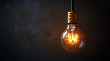 Poster - A single light bulb glowing warmly, suspended against a dark backdrop, symbolizing creativity and innovative ideas, making it ideal for themes of inspiration.