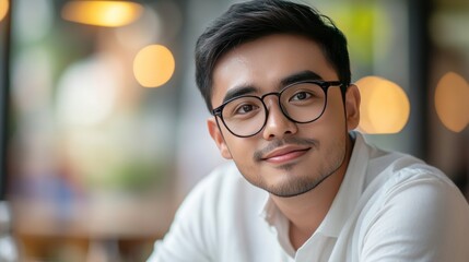 Wall Mural - Close-up portrait of a young Asian man wearing glasses and a white shirt, looking at the camera with a slight smile.