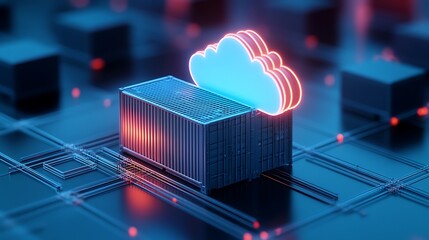 Poster - 3D illustration of a data storage container with glowing cloud icon, symbolizing cloud computing and data storage technology.