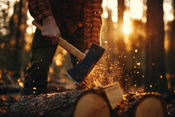 A man chops wood with an axe in a forest setting. The sunlight filters through the trees, illuminating the flying woodchips, showcasing the raw power and beauty of nature and human effort.