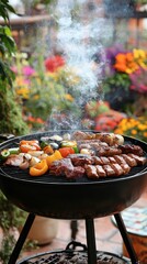 Sticker - Close up of a barbecue grill with smoke and meat and vegetables cooking.