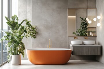 Sticker - This is a modern bathroom interior with orange bathtub, grey walls, and large windows. The design follows a minimalist aesthetic with a view of the city, contemporary style, a luxurious urban living