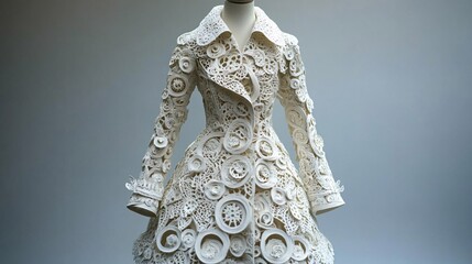 Aufkleber - A detailed paper cutout of a fashionable coat with intricate designs and textures highlighting the artistry involved in fashion design through paper crafting Stock Photo with copy space