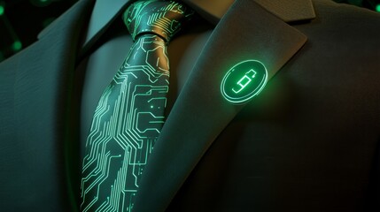 Poster - A businessman in a data center dressed in an illuminated circuit board suit.
