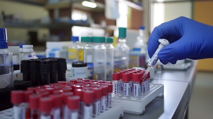 Aufkleber - A medical laboratory setting where blood samples are being tested and analyzed for the detection of dengue fever a viral infectious disease