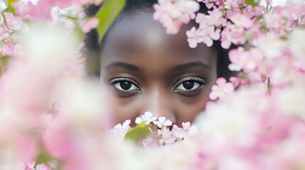 Poster - Close-up of a woman's eye peeking through pink flowers.