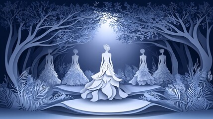 Poster - A paper cut illustration of a fashion show scene with models on the runway wearing elaborate outfits capturing the creativity and excitement of fashion design Stock Photo with copy space