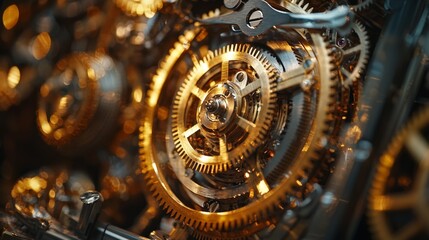 Close up of intricate clockwork gears and mechanisms