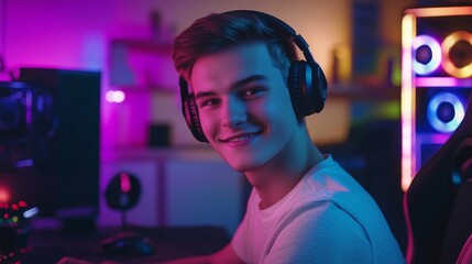 In a neon-lit gaming setup, a young man wears headphones.