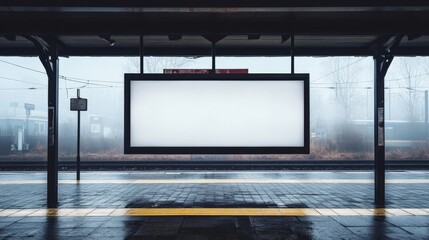 Canvas Print - A foggy train station with a blank billboard.