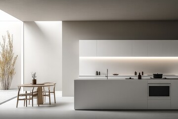 Poster - A spacious modern kitchen featuring minimalist design with a sleek island, integrated cabinets, and a seamless transition to the outdoor space; emphasizes simplicity.