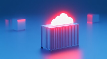 Poster - 3D render of a glowing cloud icon on a container, symbolizing cloud computing and data storage in a futuristic, blue-toned environment.