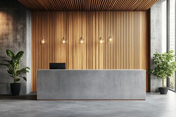 Poster - Design of a modern reception area with a concrete desk and wooden panel wall. Light background, corporate or hospitality concept. 3D rendering.