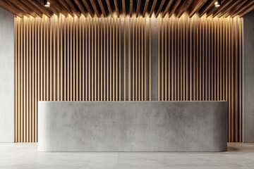 Poster - concrete desk and wood panel wall in a modern reception area with a light background, perfect for co