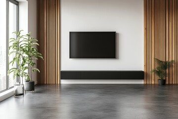 Wall Mural - Interior of living room with armchair and TV screen, mockup