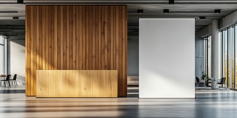 Sticker - Modern Office Interior Design with Wooden Wall and Blank Canvas