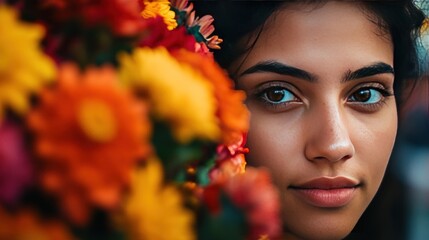 Canvas Print - A close-up portrait of a young woman with brown eyes and dark hair, partially obscured by a bouquet of colorful flowers.