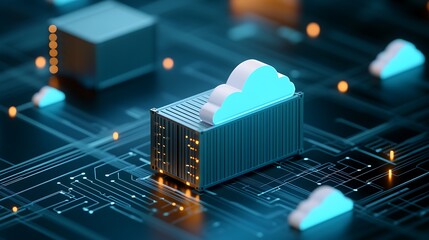 Poster - 3D rendering of cloud computing technology with data servers and digital networks, highlighting data storage and server infrastructure.