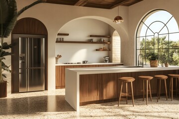 Canvas Print - Kitchen with wooden cabinets and island, pendant lights, large windows, and terrazzo flooring. Interior design concept. 3D rendering.