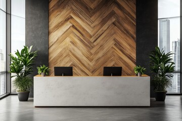 Poster - A modern reception desk at a modern office with computers, wooden panels, and large windows. The reception desk is minimalist in design. Plenty of natural light streams into the office. 3D rendering.