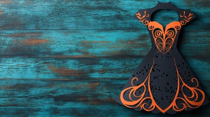 Aufkleber - A detailed paper cutout of a fashion dress with intricate embellishments and textures highlighting the artistry involved in fashion design and paper crafting Stock Photo with copy space