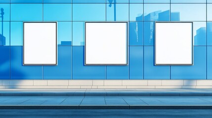 Poster - On a modern building facade on a city street, a blank billboard mockup is shown.