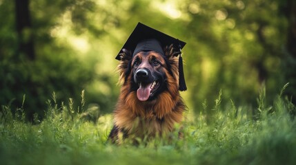 Dog in a garden wearing a graduation cap.