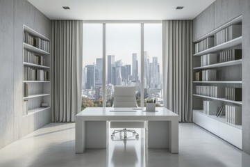 Poster - An office interior with an armchair and a table, a cabinet, and a panoramic window is light and airy