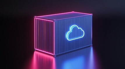 Wall Mural - A digital illustration of a shipping container with neon cloud symbol, depicting cloud computing and data storage concepts.